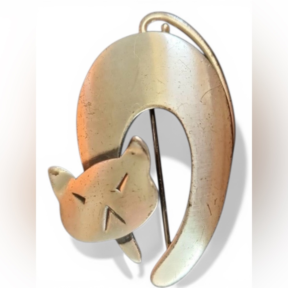 Vintage ORB Sterling Silver Cat Brooch Modernist Kitty Pin Mid Century Figural